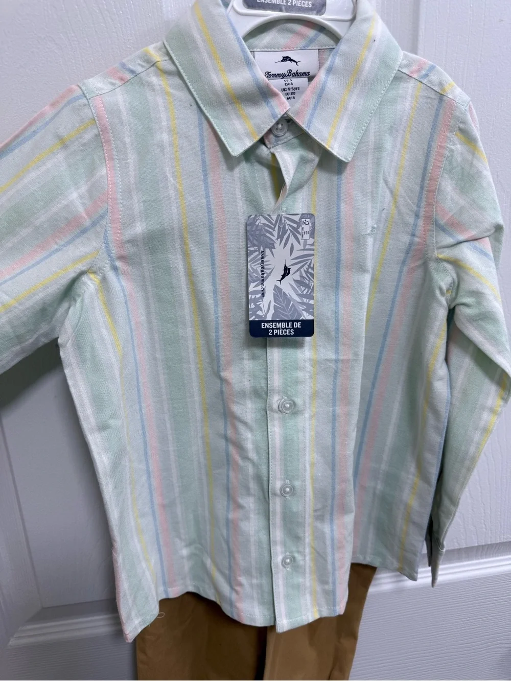 NWT Tommy Bahama Pastel Multistripe Button-Down Shirt w Tan Pants, Size 5